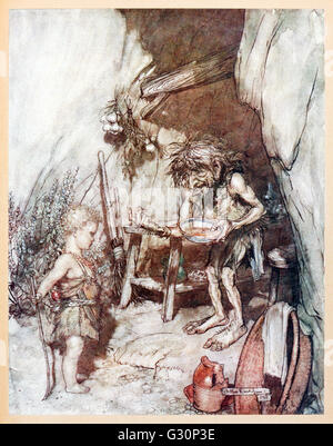 "Et l'enfant Mime" de Siegfried Siegfried & Le "Crépuscule des Dieux" illustré par Arthur Rackham (1867-1939). Voir la description pour plus d'informations. Banque D'Images