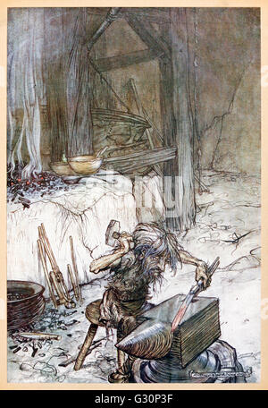 "Mime à l'enclume" de Siegfried "& Le Crépuscule des dieux' illustré par Arthur Rackham (1867-1939). Voir la description pour plus d'informations. Banque D'Images