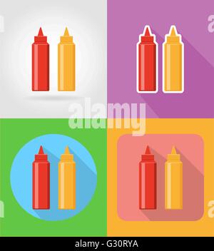 Le ketchup et la moutarde sèche d'aliments de préparation rapide des icônes avec l'ombre vector illustration isolé sur fond Illustration de Vecteur