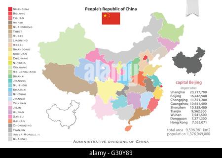 République populaire de Chine des cartes isolées et l'icône du drapeau officiel. vecteur carte politique chinois avec des icônes d'information générale. Comme Illustration de Vecteur