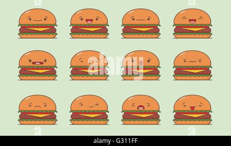 Burger de vecteur défini. Ensemble d'émoticônes burger kawaii vecteur. Isolé sur fond vert. Illustration de Vecteur
