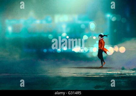 Homme qui marche dans la nuit dans la ville,superbe bokeh background froid,illustration Banque D'Images