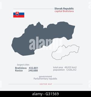 République slovaque cartes isolées et l'icône du drapeau officiel. vecteur carte politique slovaque des icônes avec des informations générales. Nombre d'Europe Illustration de Vecteur