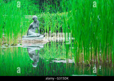 Île Margaret budapest, vue sur une statue dans un étang à nénuphars dans le jardin japonais de l'île Margaret (île Margit-sziget) à Budapest, Hongrie. Banque D'Images