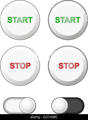 Vecteur. Ensemble de boutons. Ronde en plastique blanc boutons solides. Boutons icônes Web pour internet : bouton démarrer, arrêter, faites glisser le bouton Illustration de Vecteur