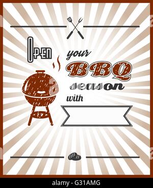 Vecteur. Ouvrez votre saison de barbecue avec ...-votre texte-. Barbecue d'été. La saison de barbecue. Installations pour Barbecue de l'affiche. Escapade estivale. En plein air de pique-nique. Barbecue familial Illustration de Vecteur