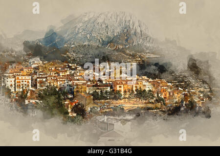 Sella village, vieux village en Espagne. Province d'Alicante. Aquarelle numérique Banque D'Images