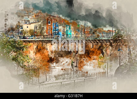 Aquarelle numérique de Villajoyosa / La Vila Joiosa ville, Costa Blanca. Province d'Alicante, Espagne Banque D'Images