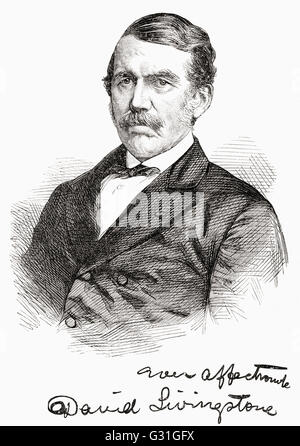 David Livingstone, 1813 - 1873. Congrégationalistes écossais, pioneer, médecin missionnaire et explorateur en Afrique. Son portrait et signature. Banque D'Images