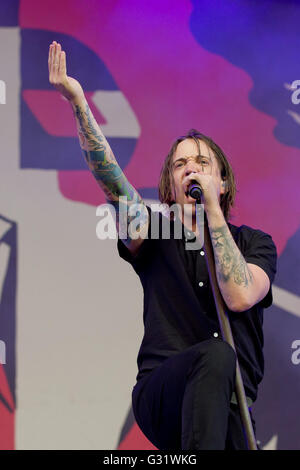 Nuremberg, Allemagne. Le 05 juin, 2016. Benjamin Kowalewicz chanteur du groupe Billy Talent musique effectue sur scène pendant les '2016' Rock im Park festival de musique à Nuremberg, Allemagne 5 juin 2016. Plus de 80 groupes de musique ont performe dat le festival. Photo : Daniel Karmann/dpa dpa : Crédit photo alliance/Alamy Live News Banque D'Images