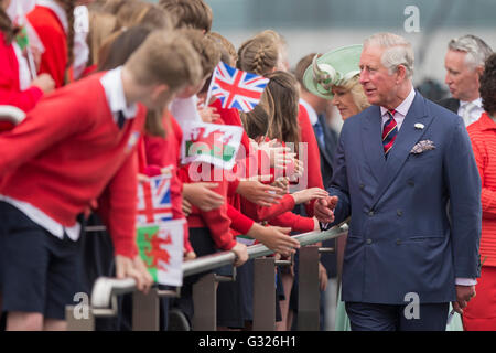 Cardiff, Wales, UK. 7 juin 2016. Le Prince de Galles et la duchesse de Cornouailles saluer les enfants de l'école après l'ouverture de la cinquième session de l'Assemblée nationale du Pays de Galles au Senedd bâtiment dans la baie de Cardiff. Mark Hawkins/Alamy Live News Banque D'Images