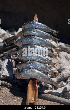 Stockfish étant grillés sur le feu, Playa de la plage de Santa Ana, Benalmadena, province de Malaga, Costa del Sol, Andalousie Banque D'Images