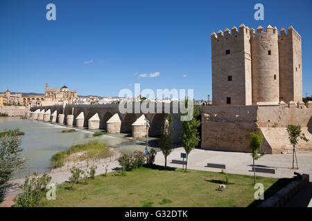 Vue sur la Torre de la Calahorra Tower, le pont romain et de la Mezquita, mosquée-cathédrale de Cordoue, aujourd'hui une cathédrale Banque D'Images