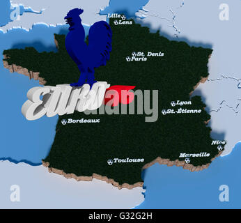 Vue de dessus en 3D France-Contour avec les villes de matchs joués ce championnat Europe 2016, sur l'Euro 16 lettres se trouve un gaulois Banque D'Images