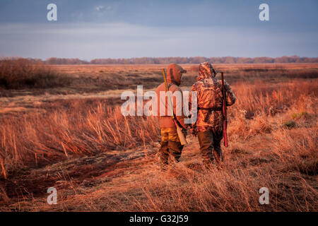 Les chasseurs à la recherche de proies au cours de la chasse en milieu rural domaine pendant le lever du soleil. Domaine peint avec la couleur orange de rising sun Banque D'Images