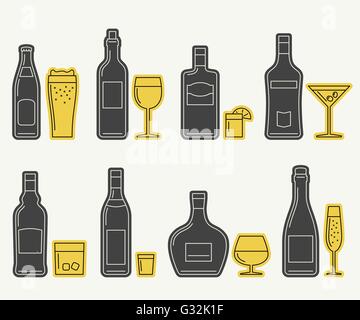 Icônes de ligne de bouteilles et verres Illustration de Vecteur