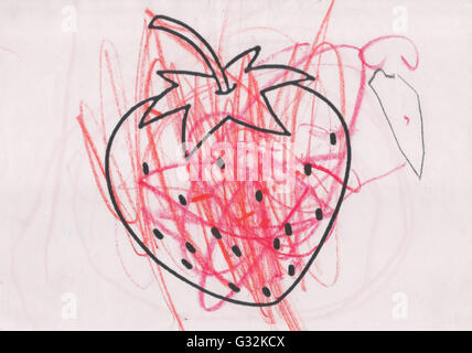 Esquisse d'une fraise rempli de crayon rouge par enfant d'âge préscolaire Banque D'Images