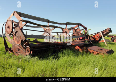 En-tête de la moissonneuse-batteuse Massey Ferguson d'un Super 92 dans une ferme de l'Alberta, Canada Banque D'Images