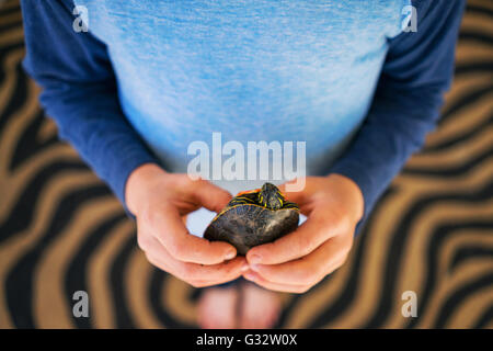 Boy holding une tortue Banque D'Images