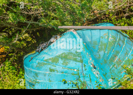 Détail de droit d'un vieux bateau en fibre de verre dans un jardin envahi par la pose Banque D'Images