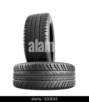 Deux nouveaux pneus auto close up sur fond blanc.  : Chemin de détourage. 3d illustration Banque D'Images