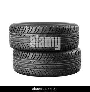 Deux nouveaux pneus auto close up sur fond blanc.  : Chemin de détourage. 3d illustration Banque D'Images