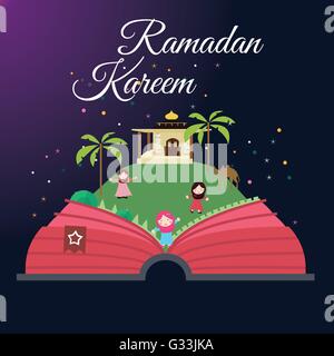 Cartes de voeux Ramadan kids et la mosquée avec l'Islam nuit étoilée mois célébration Illustration de Vecteur