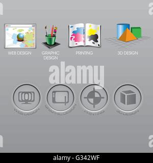 Web design, graphic design, print et icônes 3d jeu de collection. Couleur 3d et signes simples. Fond argenté. Vecteur numérique im Illustration de Vecteur