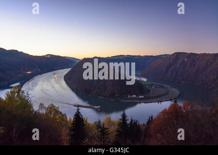 Boucle Schlögen du Danube avec cargo et bateau de croisière, l'Autriche, Niederösterreich, Autriche supérieure, , Haibach ob der Donau Banque D'Images