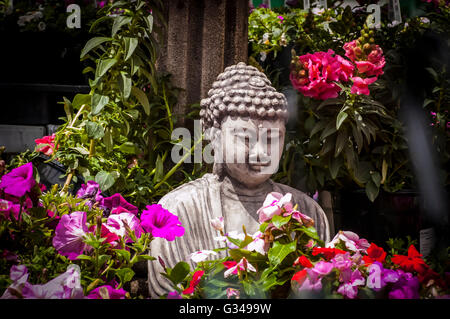 Une statue de Bouddha entourée de fleurs dans un jardin d'un ministère California USA Banque D'Images