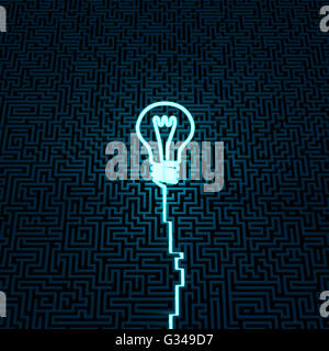 Idée Neon maze / 3D illustration de néon sentier menant à centre de labyrinthe géant qui se termine en lumière rougeoyante symbole ampoule Banque D'Images