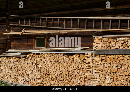 Bois de chauffage empilé par le chalet de montagne. Scène agricole rustique. Banque D'Images