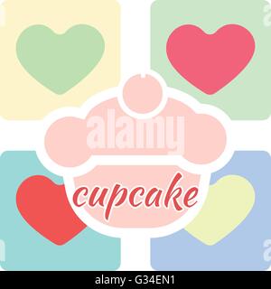 Carte de bonbons avec un gros gâteau à la crème de fruits avec cerise sur le dessus, sur fond de couleur avec des cœurs et cupcake texte. Bleu, Jaune, r Illustration de Vecteur