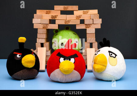 Bombe, Matilda et Angry Birds rouge debout devant Bad Piggy assis à l'intérieur de la maison, faite de briques de Jenga. Banque D'Images