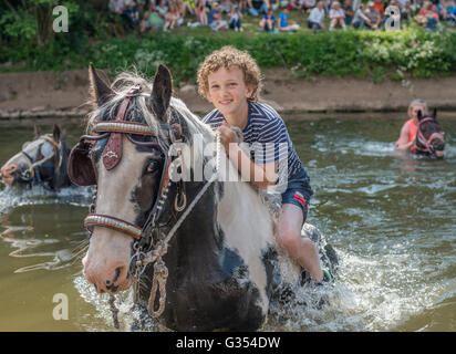 Laver les voyageurs à cheval dans la rivière Eden à Appleby Horse Fair, Cumbria, Royaume-Uni. 2016 Banque D'Images