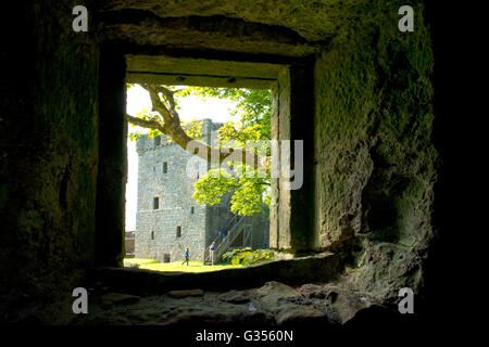 Donjon et cour vu par la fenêtre de la tour de glassin historique. Le château de Loch Leven près de Kinross, Scotland. Banque D'Images