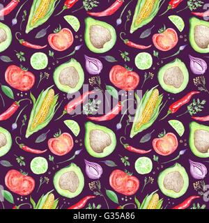 Seamless texture peint à la main avec des légumes et épices sur fond marron Banque D'Images