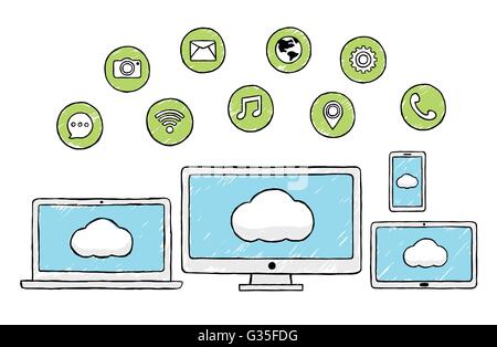 Internet, la technologie sociale, icônes modernes, Doodle Illustration de Vecteur