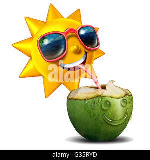 Rafraîchissement d'été comme une icône heureux caractère soleil boire une coupe fraîche de noix de coco ouverte comme une métaphore de l'été pour des vacances détente avec 3D illustration éléments. Banque D'Images