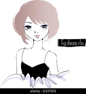 Belle fashion girl. Traduction de Fashionista est une personne qui travaille dans l'industrie de la mode. Vector illustration. Illustration de Vecteur