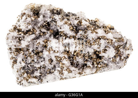 Minéral en pyrite quartz, connu sous le nom de fool's gold, isolé sur fond blanc Banque D'Images