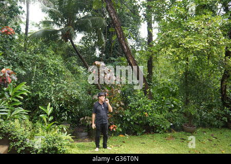 Un homme portant un chapeau est debout dans le jardin d'un hôtel de charme près de Kandy, Sri Lanka, fumer une cigarette sur un jour de mousson. Banque D'Images