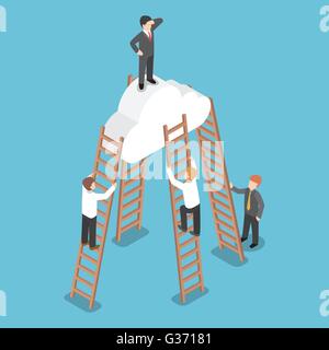 Businessman standing on isométrique le nuage et regardez autour de vous avec son rival monte l'échelle de l'atteindre, la vision, le succès, le Illustration de Vecteur