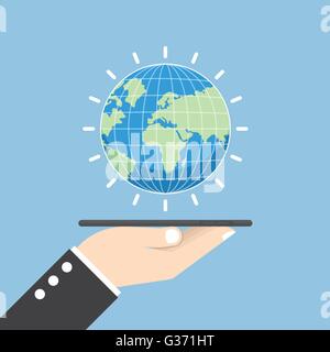 Businessman hand holding tablet with globe, médias sociaux, concept de connectivité internet Illustration de Vecteur