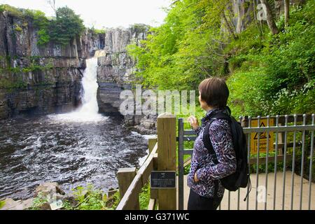 Femme à la Force à haute chute d'eau, fleuve Tees, forêt-in-Teesdale, Durham Dales, Middleton-in-Teesdale, comté de Durham, Royaume-Uni. Banque D'Images