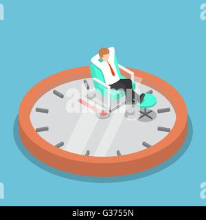 Businessman holding isométrique les mains derrière la tête et se détendre sur le canapé avec horloge, pause, gestion du temps, concept VECTOR Illustration de Vecteur