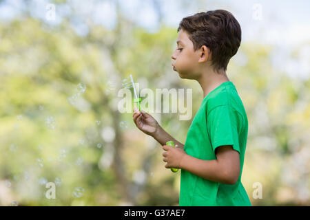 Young boy blowing bubbles par bubble wand Banque D'Images