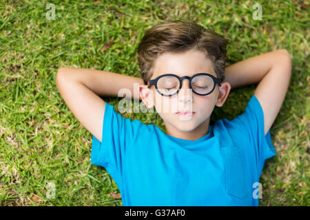 Jeune garçon en spectacle dormir dans park Banque D'Images