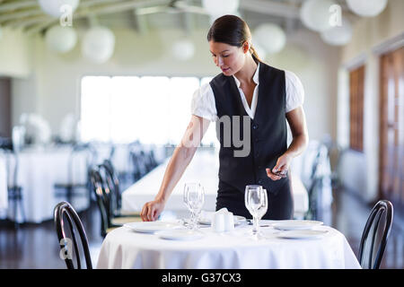 Smiling waitress setting the table Banque D'Images