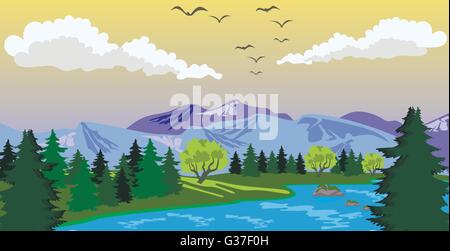 Beauté paysage avec lac et montagne Illustration de Vecteur